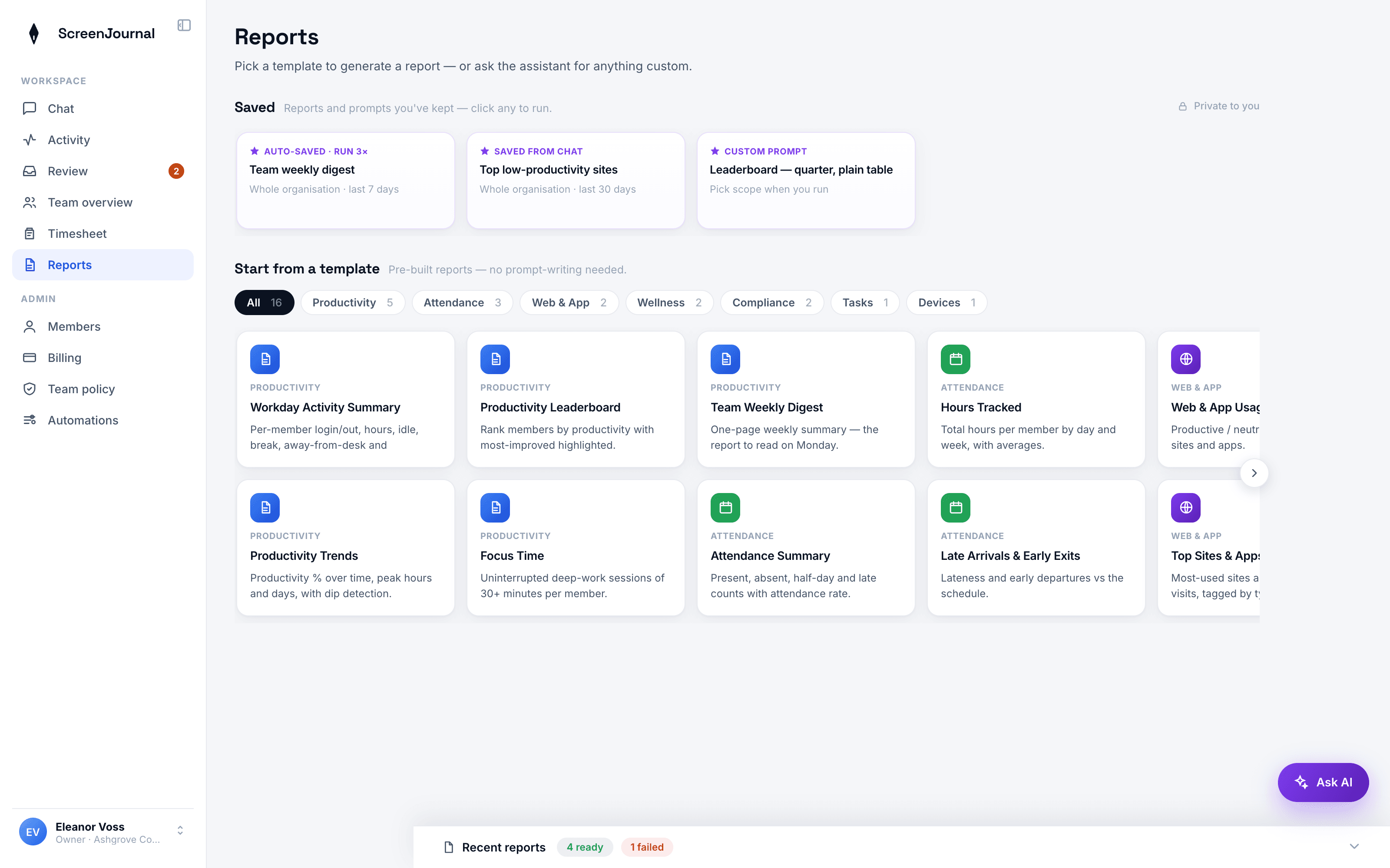 The ScreenJournal Reports area showing the report template gallery and a list of saved reports.