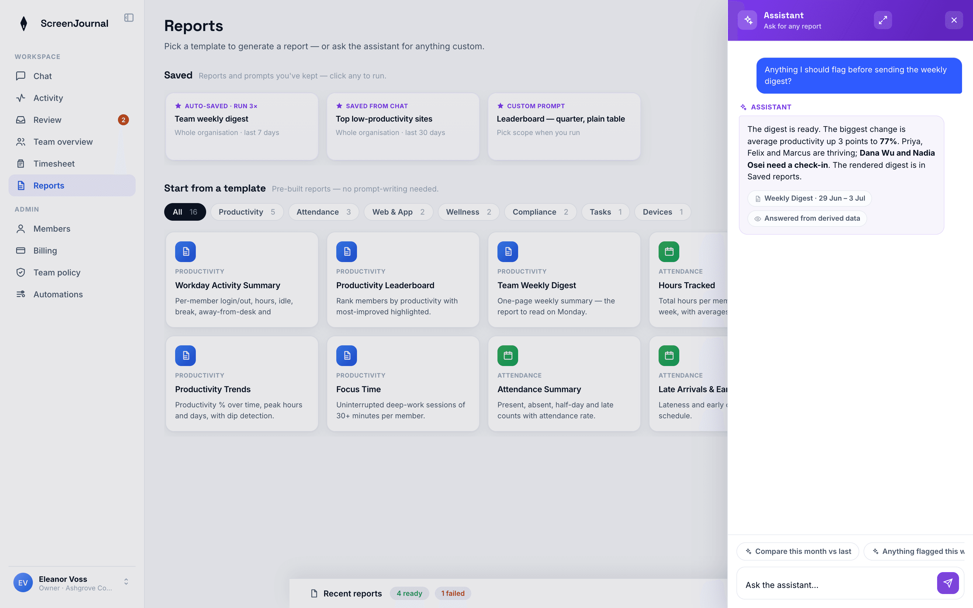 The ScreenJournal Reports area with template gallery and saved reports, and Ask AI open answering from derived data.