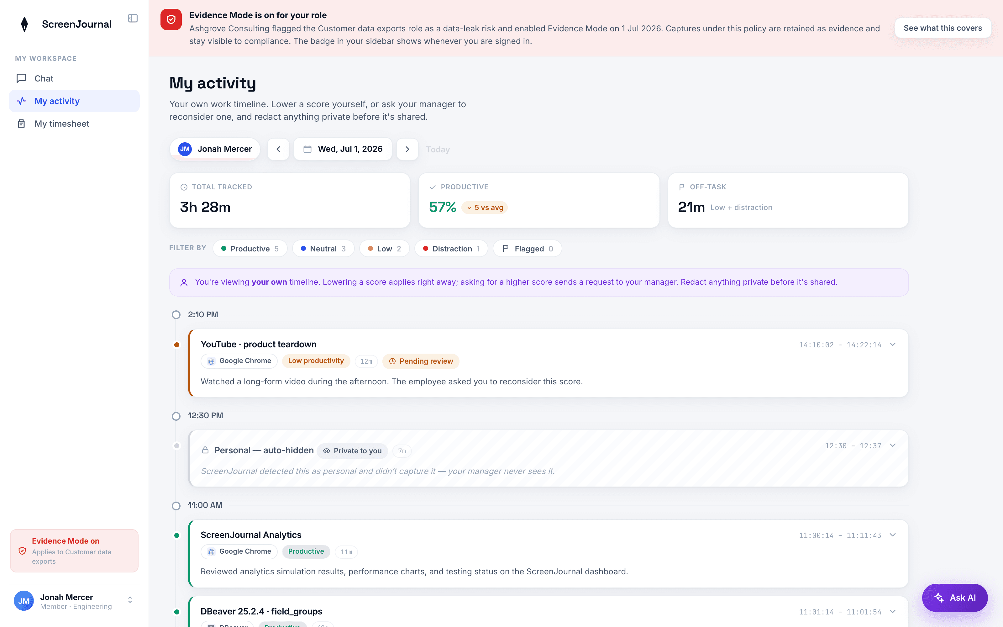 A ScreenJournal employee view showing the Evidence Mode alert and the persistent badge indicating the mode is on.