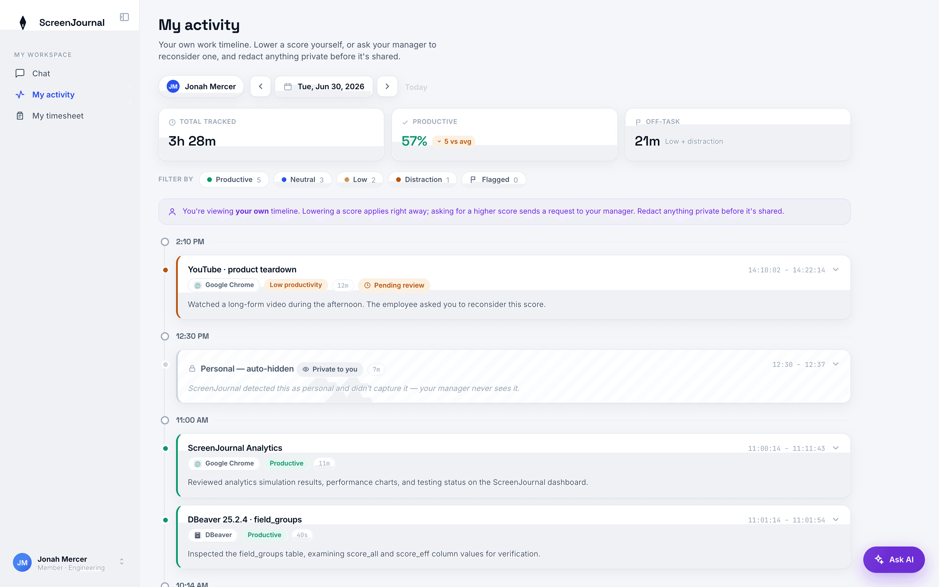 A ScreenJournal work timeline showing yesterday's entries with app badges, summaries and durations.