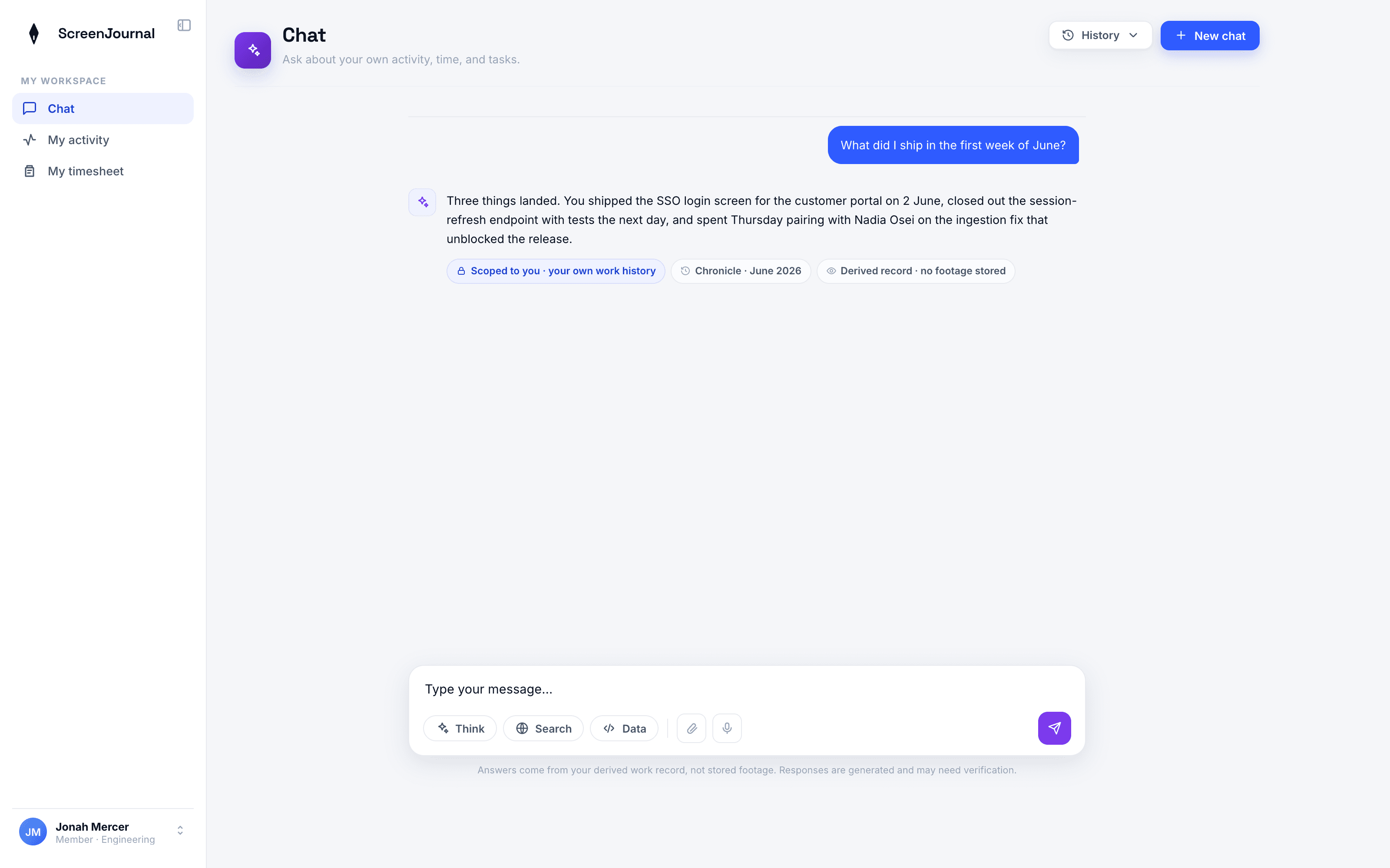 Ask AI returning an answer about work from a previous month, drawn from the searchable chronicle.