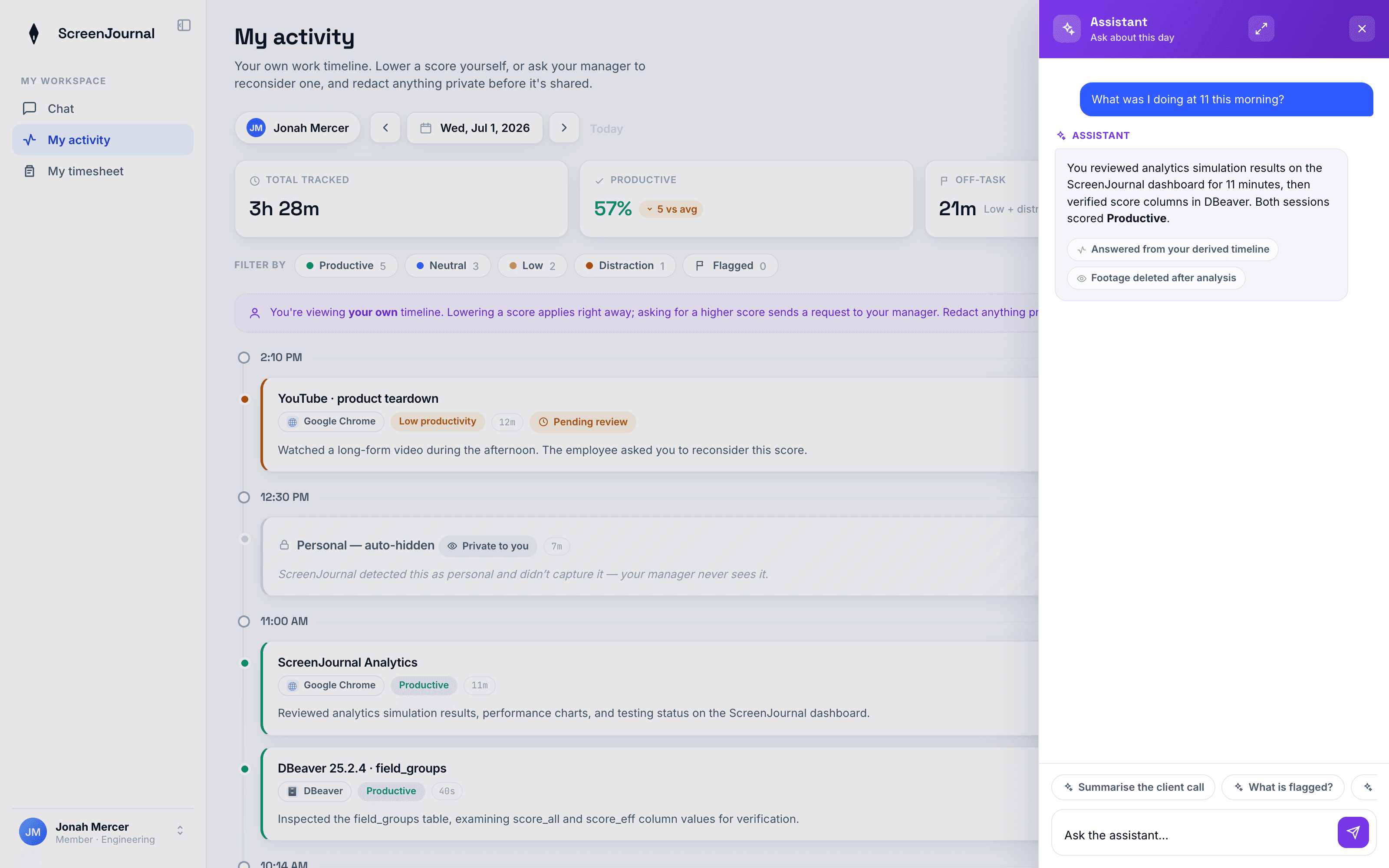 ScreenJournal Ask AI chat answering a plain-English question about the team's work.
