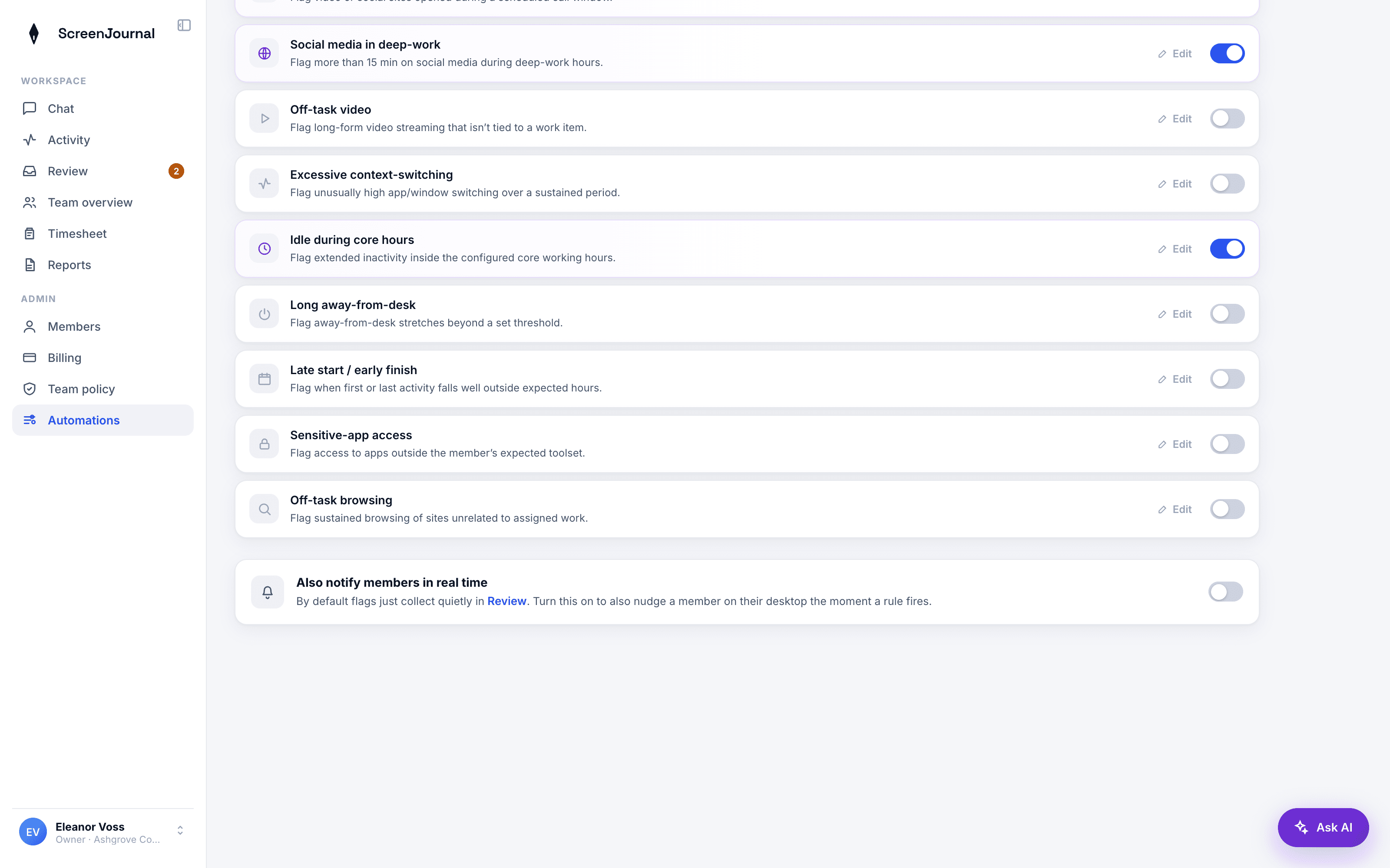 ScreenJournal Automations page showing real-time nudges off by default.