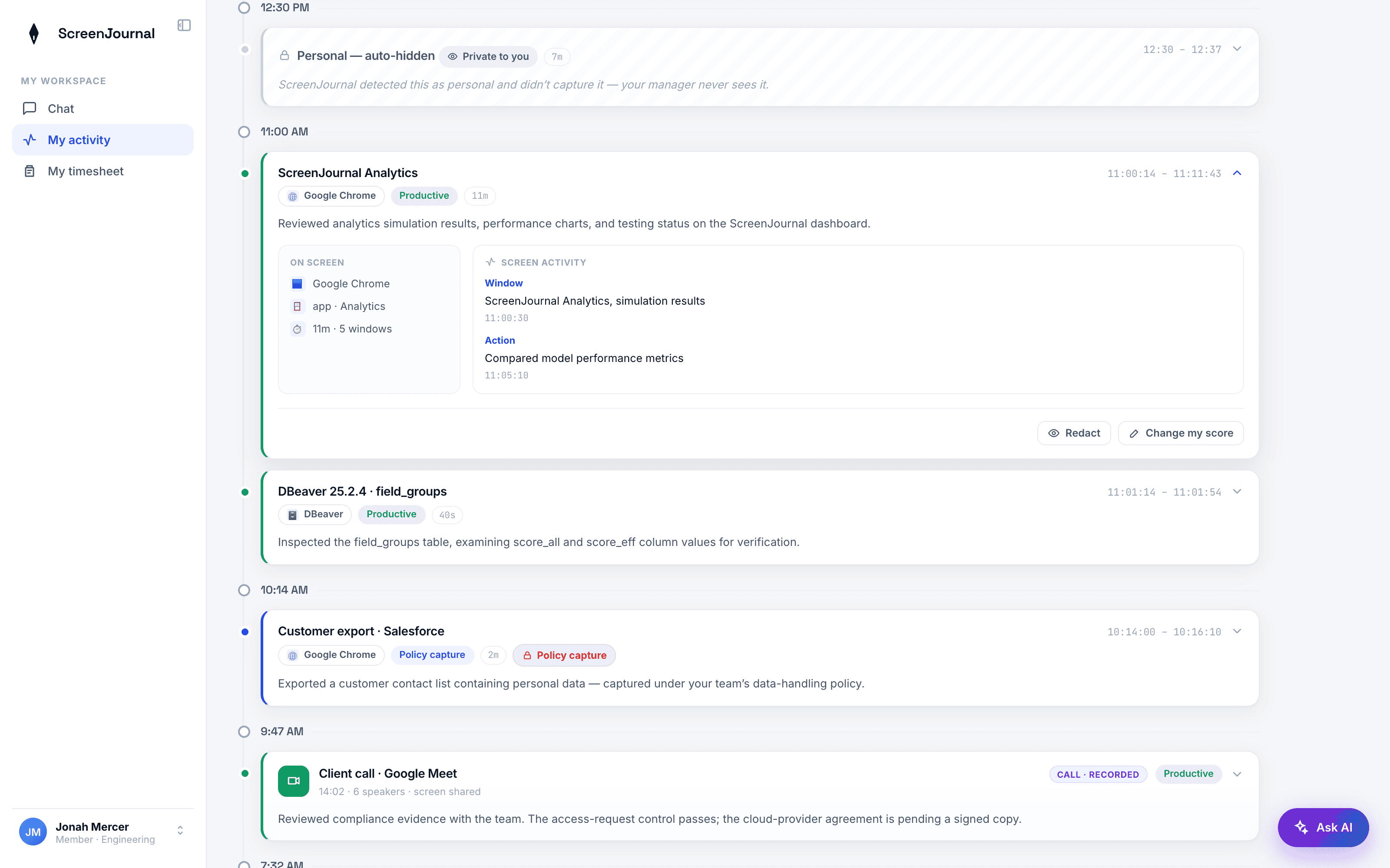 ScreenJournal timeline entry expanded to show its app badge, duration, summary and productivity score.
