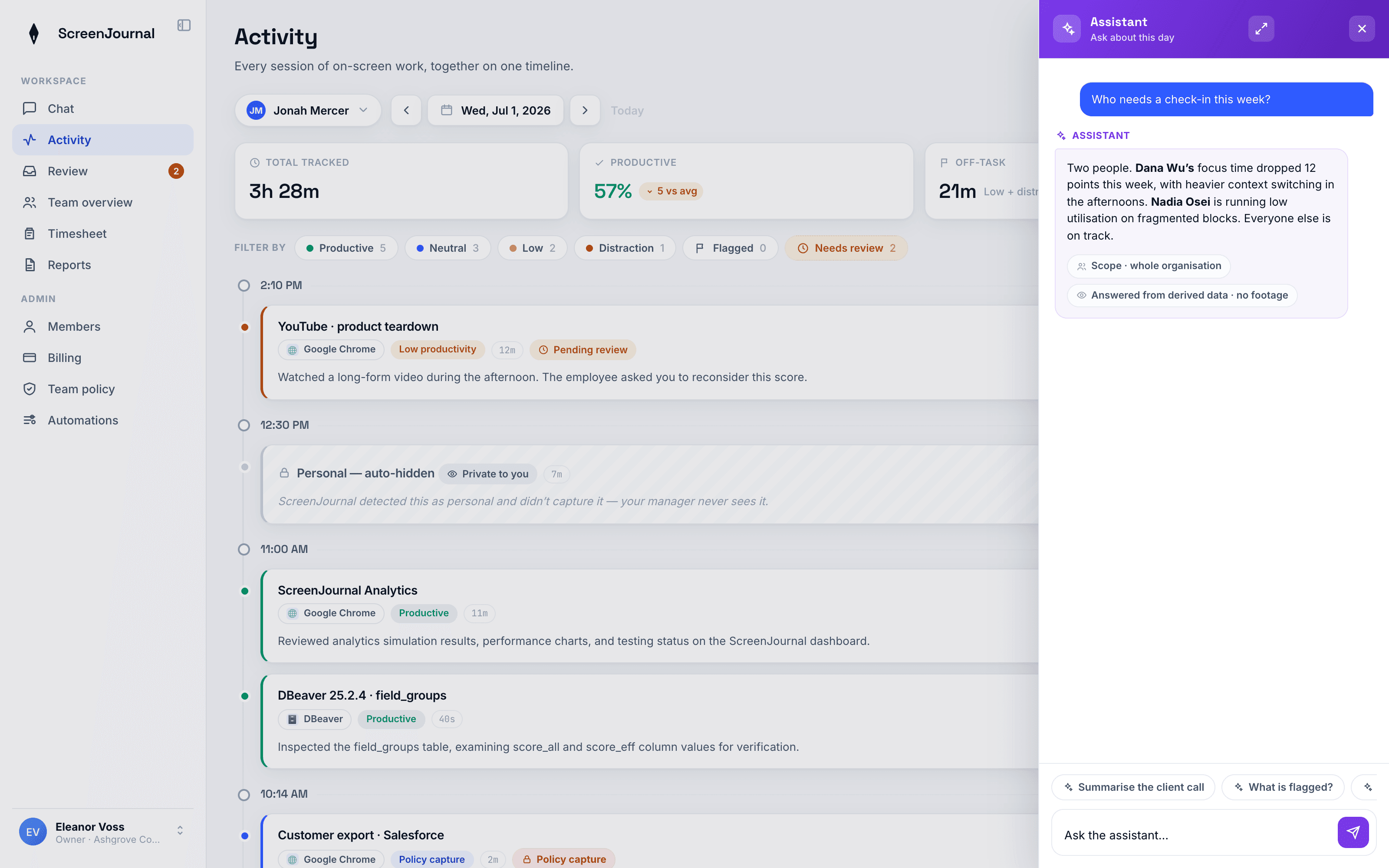 The scored per-session ScreenJournal timeline with the Ask AI panel open, answering from derived data.