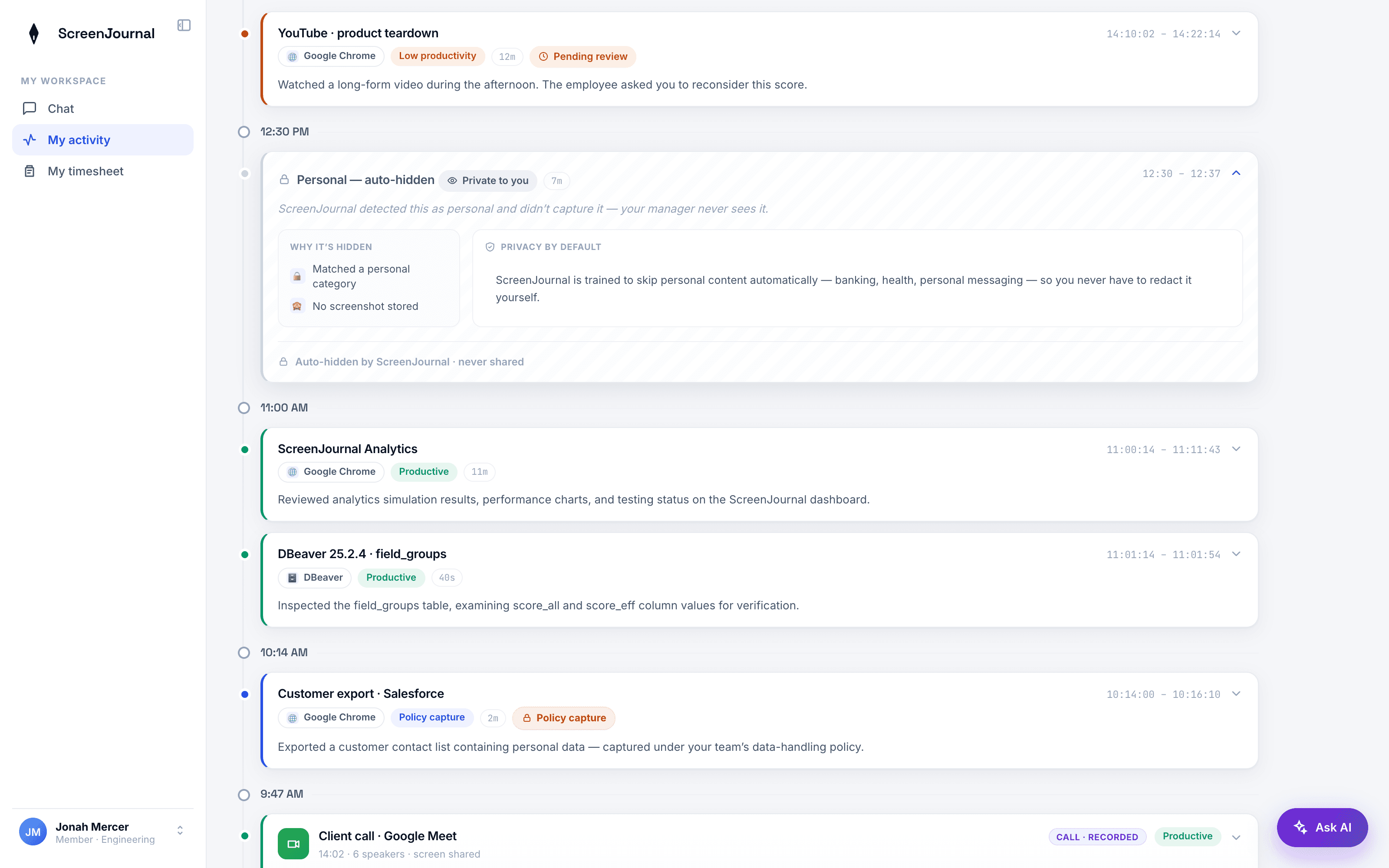 An auto-hidden Personal entry in a ScreenJournal timeline, expanded to show why it was hidden and that no screenshot was stored.
