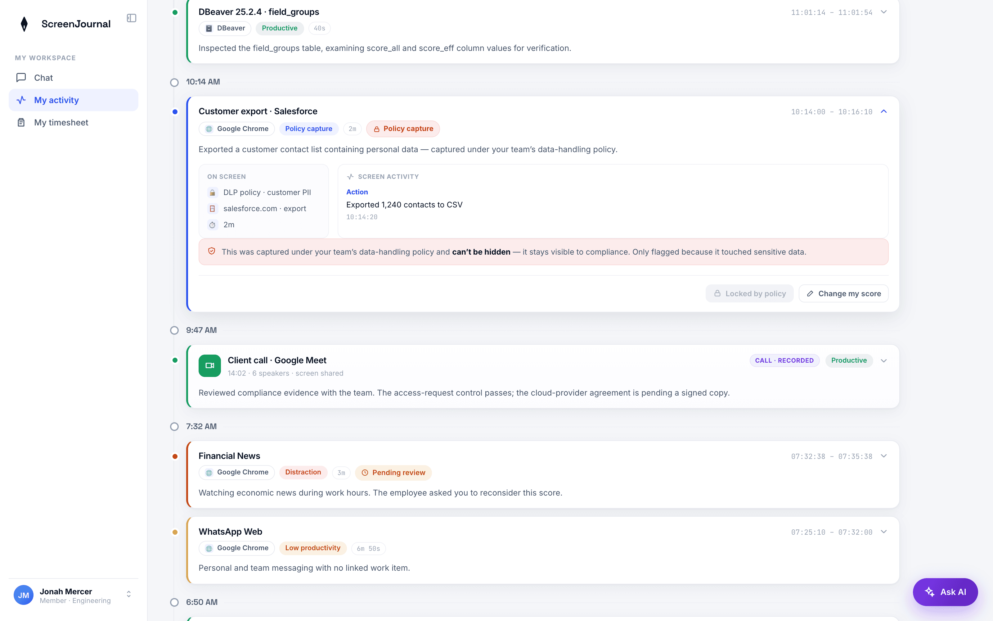 The locked Policy capture state in a ScreenJournal member timeline.