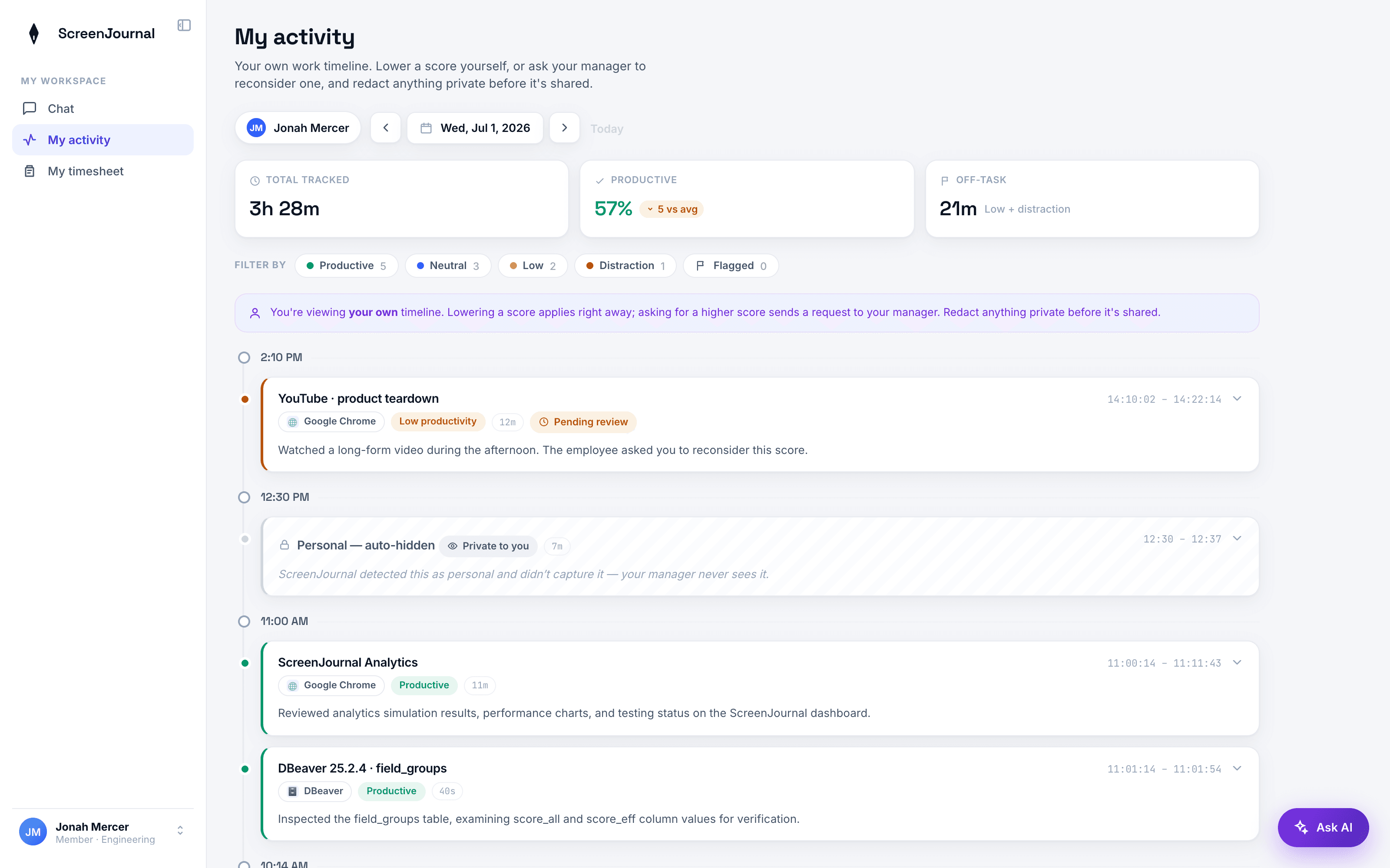 ScreenJournal Activity page showing a scored per-session timeline with app badges, durations and plain-English summaries.