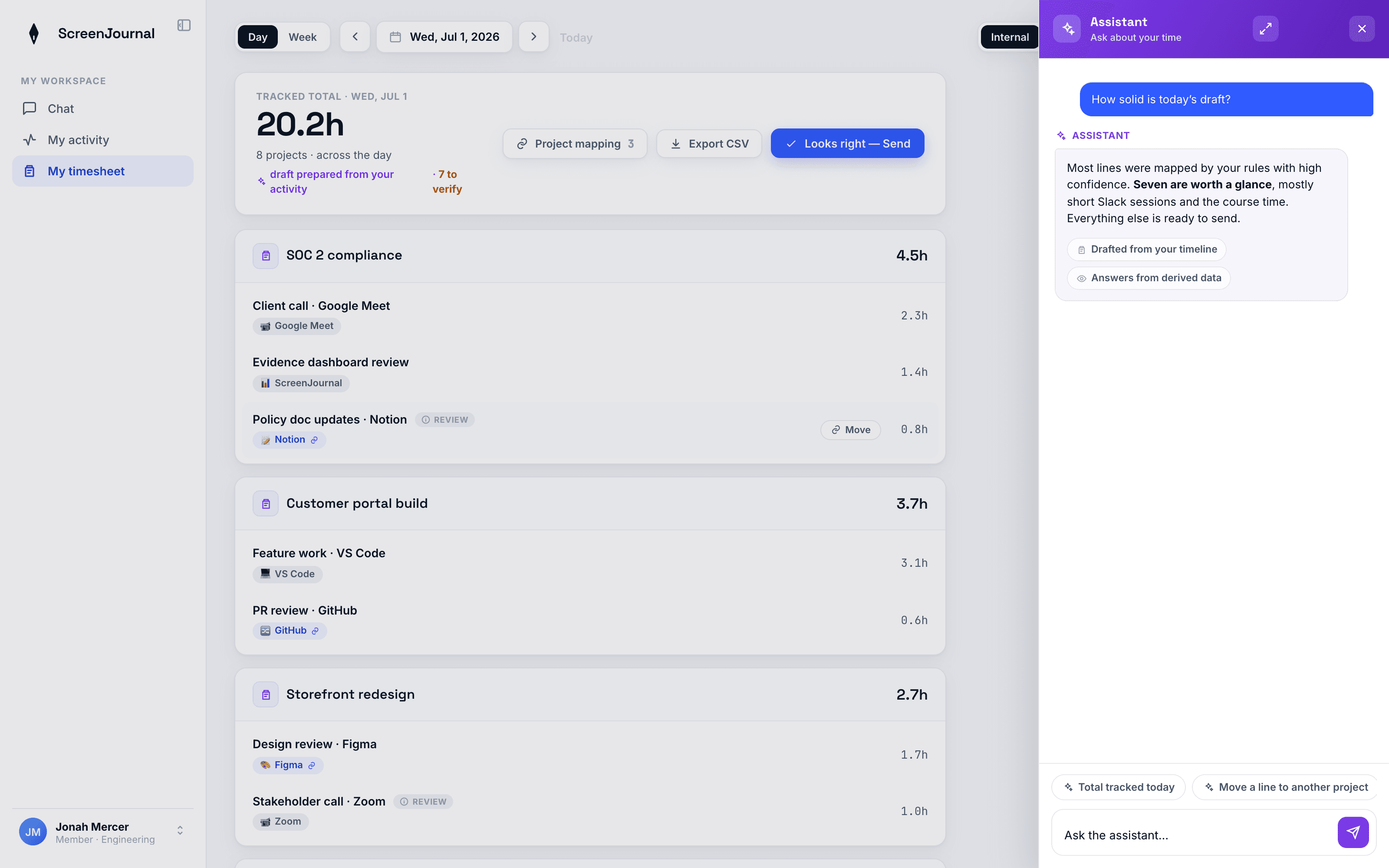 A one-click ScreenJournal timesheet with per-line source badges and a to-verify count, with the Ask AI panel open.