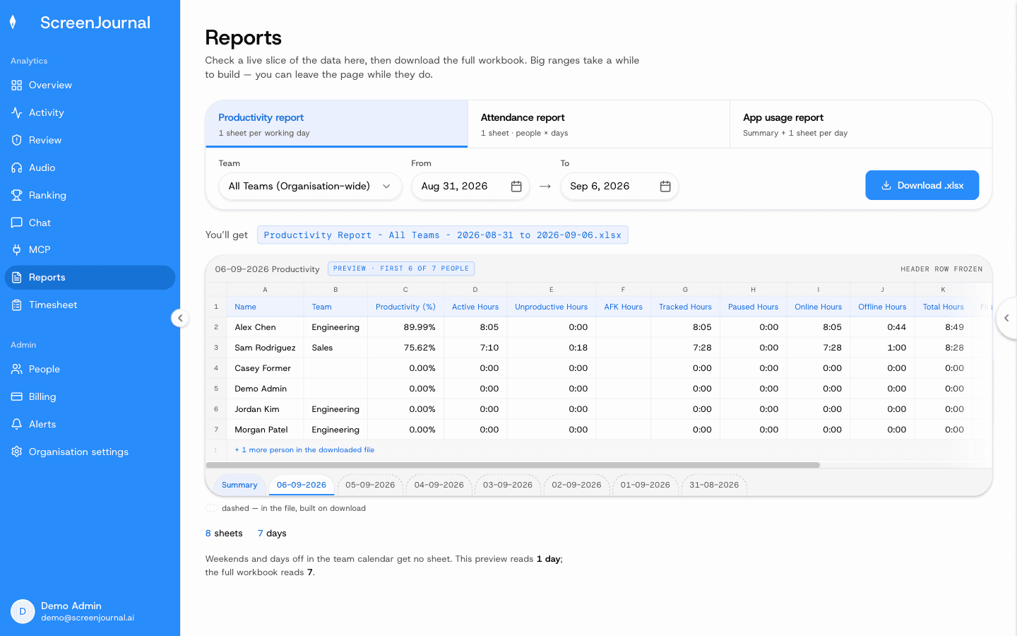 The ScreenJournal Reports page: choose a workbook, scope and date range, preview the sheet, then download the Excel file.