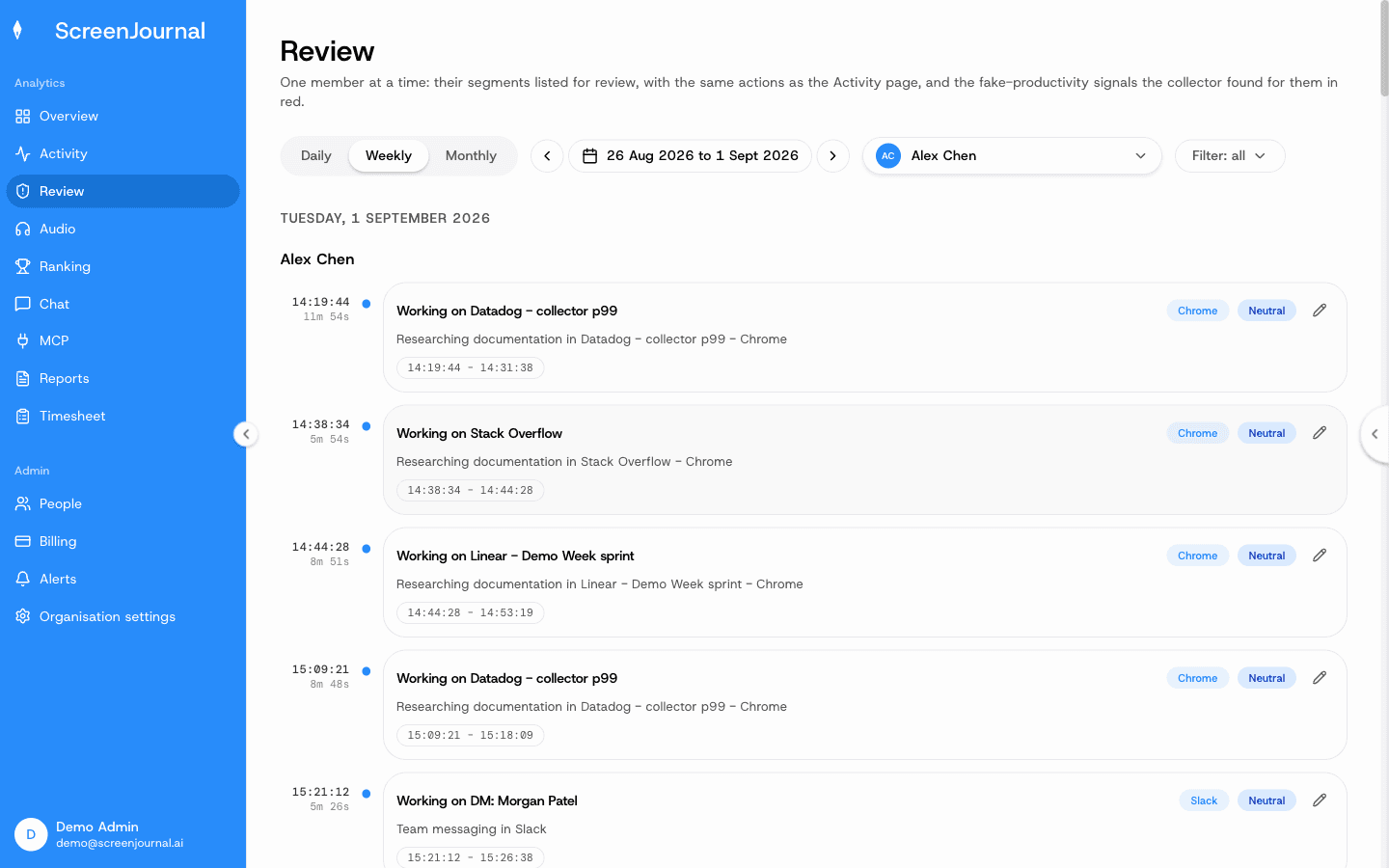 The ScreenJournal Review page: one member's flagged and unproductive segments listed for correction, replay or redaction.