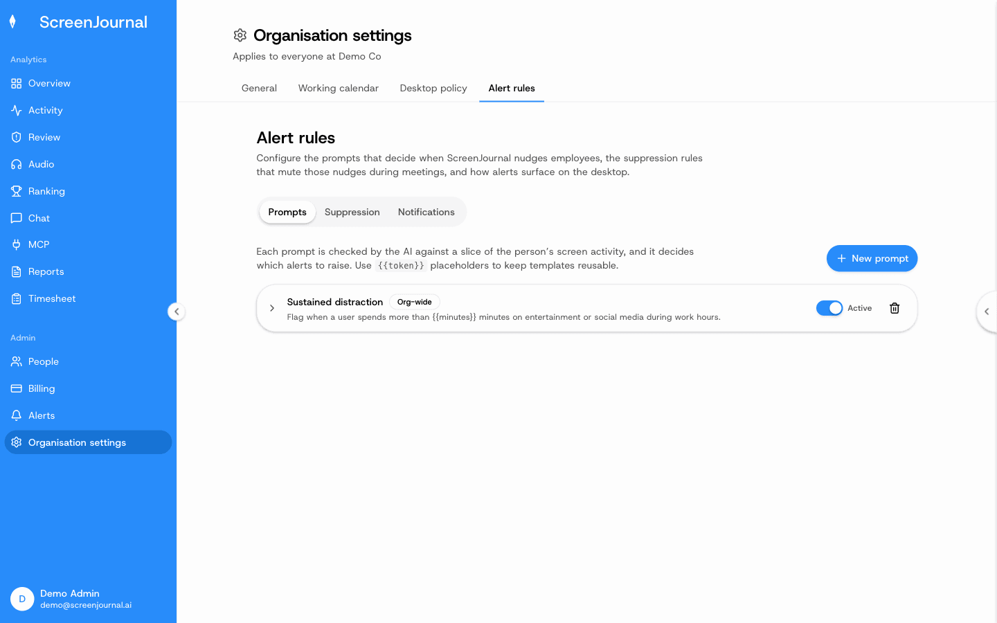 ScreenJournal alert rules: the plain-language prompts, suppression rules and notification settings behind every nudge.