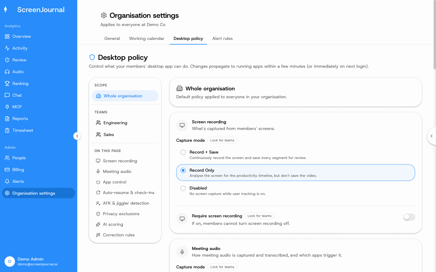 ScreenJournal desktop policy settings: capture mode, meeting audio, privacy exclusions, jiggler detection and correction rules.