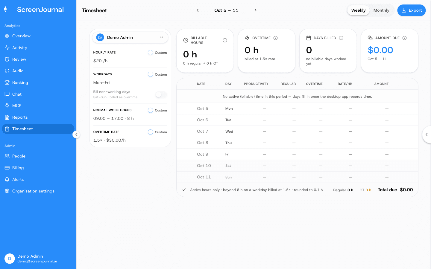 The ScreenJournal Timesheet page: billable hours, overtime, days worked and amount due for one person, with a row per day.